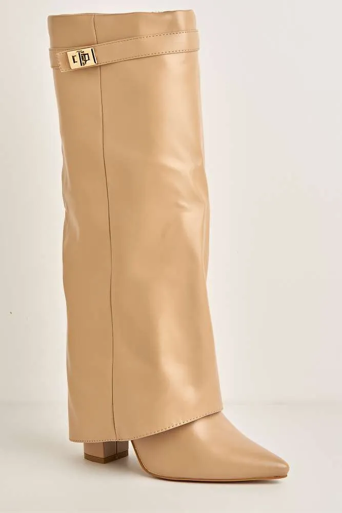 Ayla Block Heel Pointy Toe Gold Trim Buckle Collar Covered Knee-High Boots in Nude