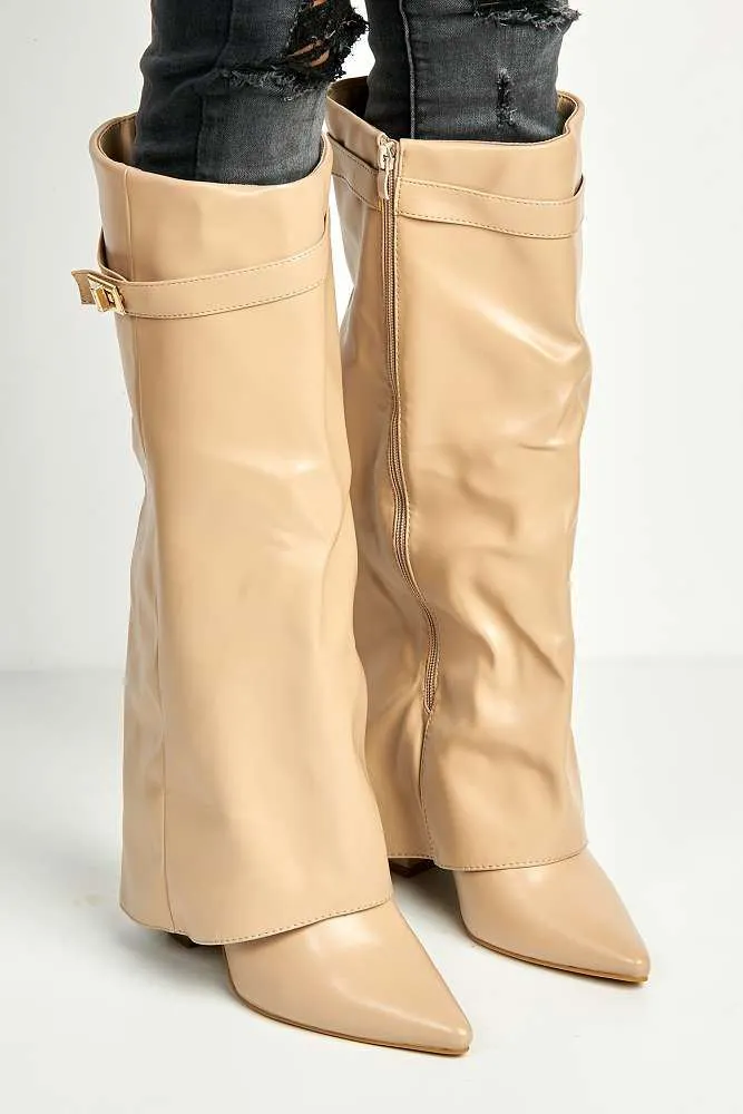 Ayla Block Heel Pointy Toe Gold Trim Buckle Collar Covered Knee-High Boots in Nude