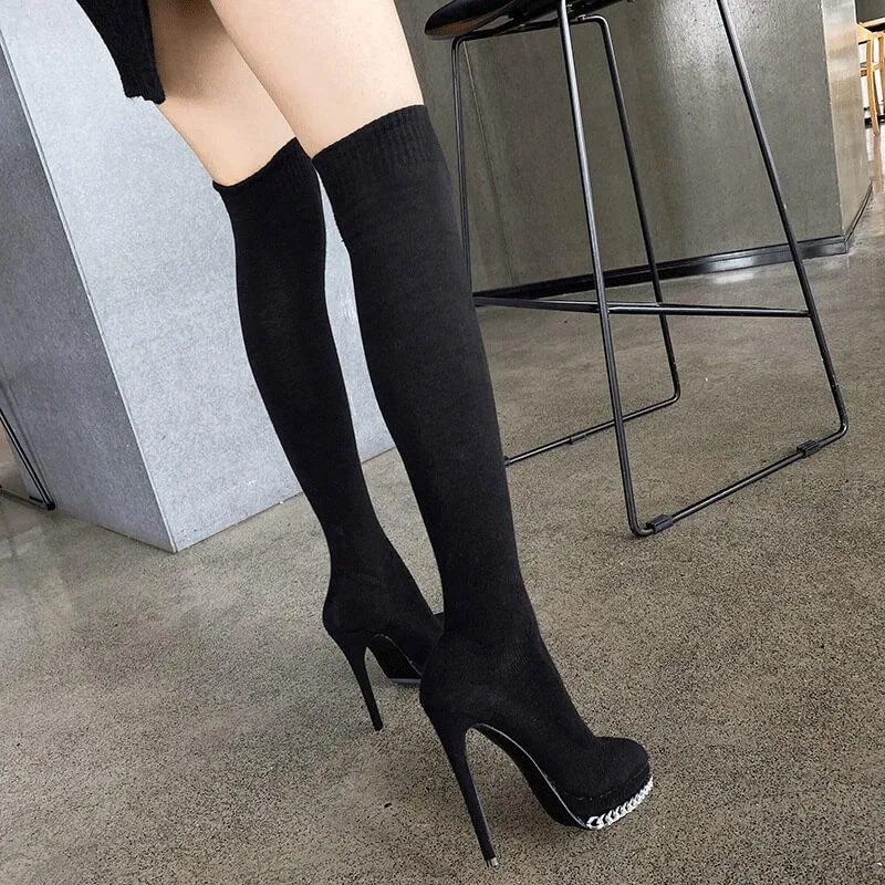 Black Plain High Heel Wool Chain Sock Over Knee Boots