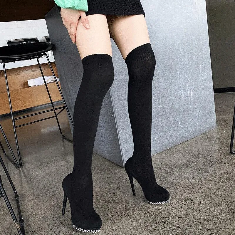 Black Plain High Heel Wool Chain Sock Over Knee Boots