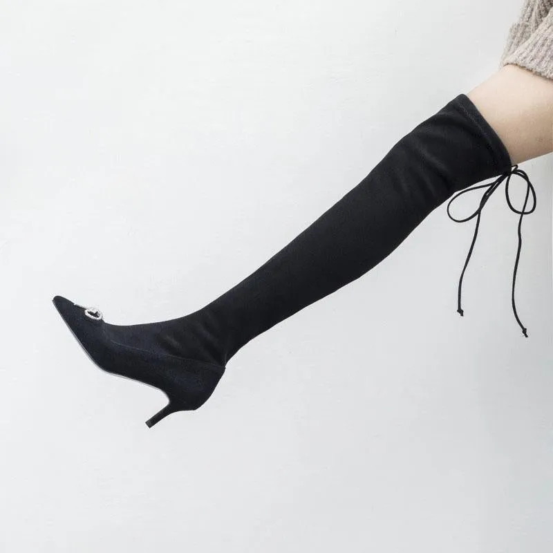 Black Point Toe Zipper High Heel Over Knee Sock Boots