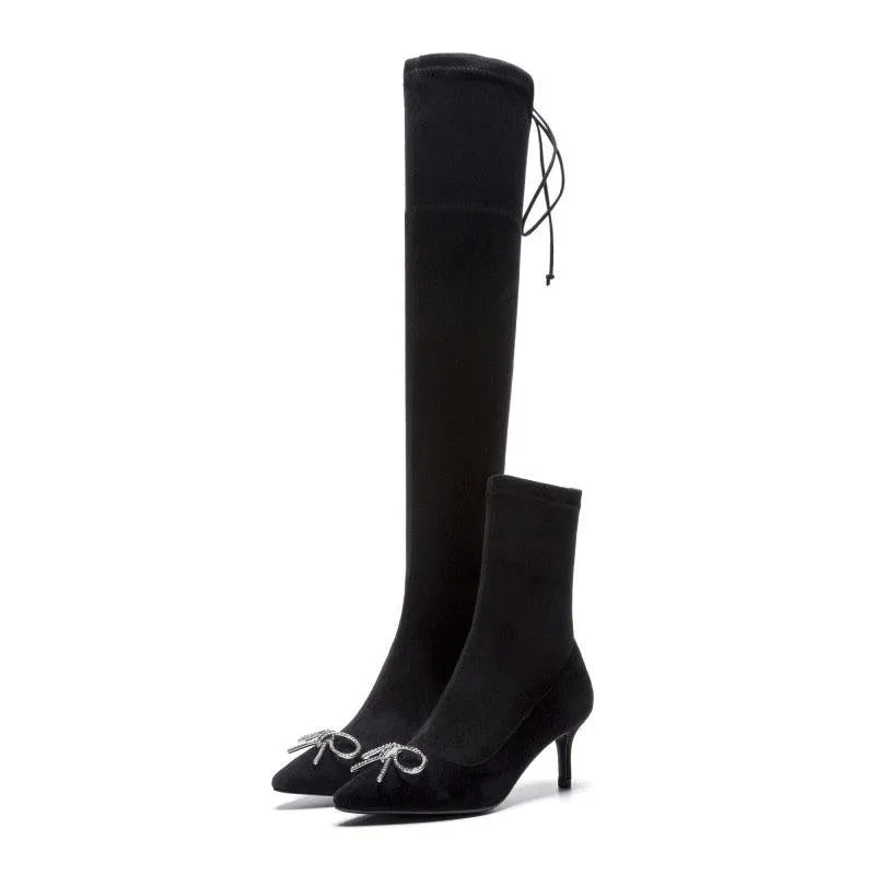 Black Point Toe Zipper High Heel Over Knee Sock Boots