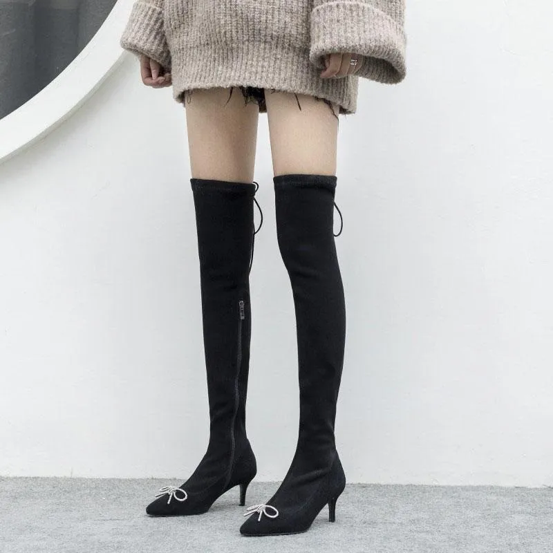 Black Point Toe Zipper High Heel Over Knee Sock Boots