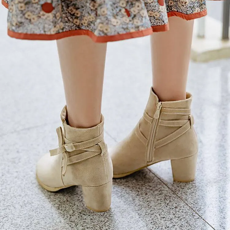 Bow Suede Low Chunky Heel Ankle Boots