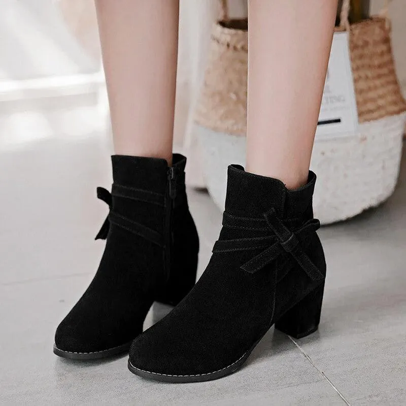 Bow Suede Low Chunky Heel Ankle Boots