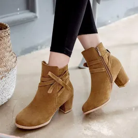 Bow Suede Low Chunky Heel Ankle Boots