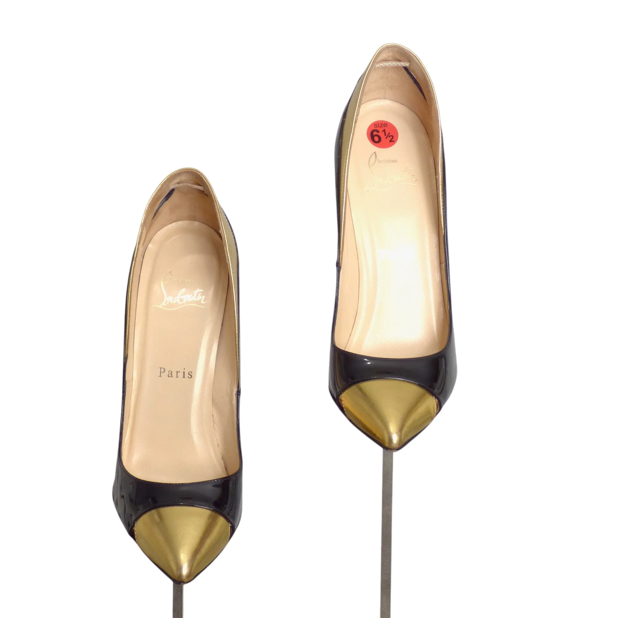 CHRISTIAN LOUBOUTIN- Black & Gold Patent Pumps, Size 37