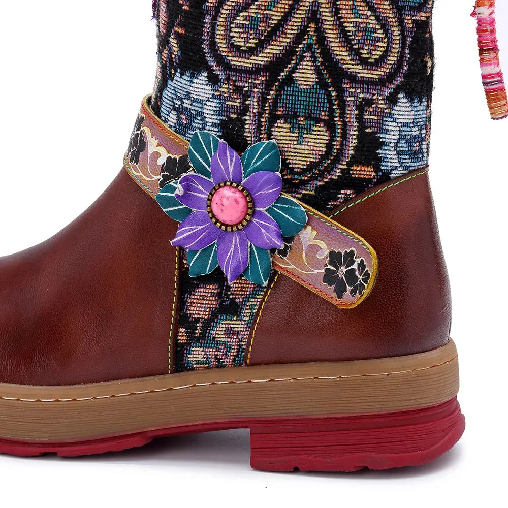 Cloth Appliques Flower Print Genuine Leather Long Boots