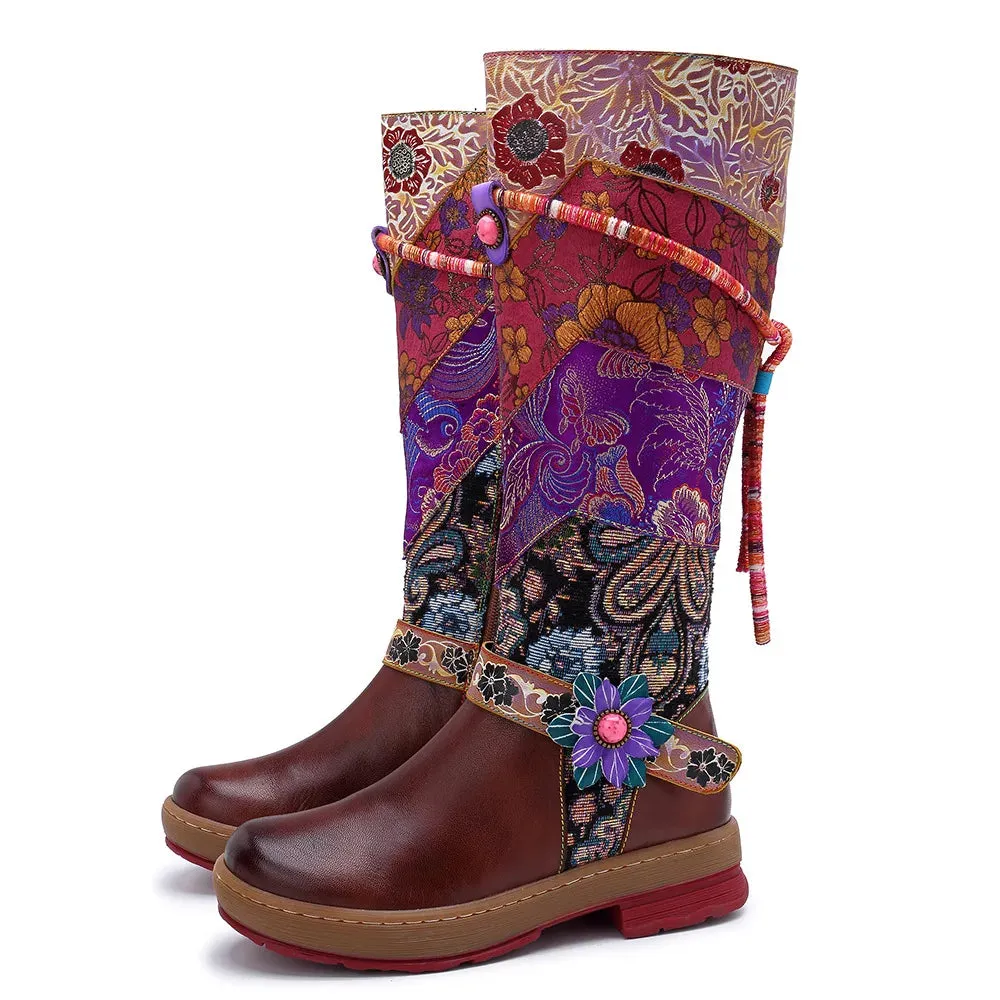 Cloth Appliques Flower Print Genuine Leather Long Boots