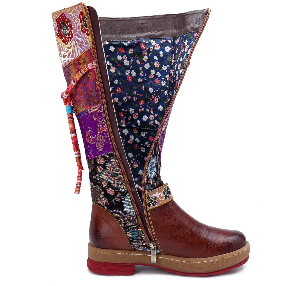 Cloth Appliques Flower Print Genuine Leather Long Boots