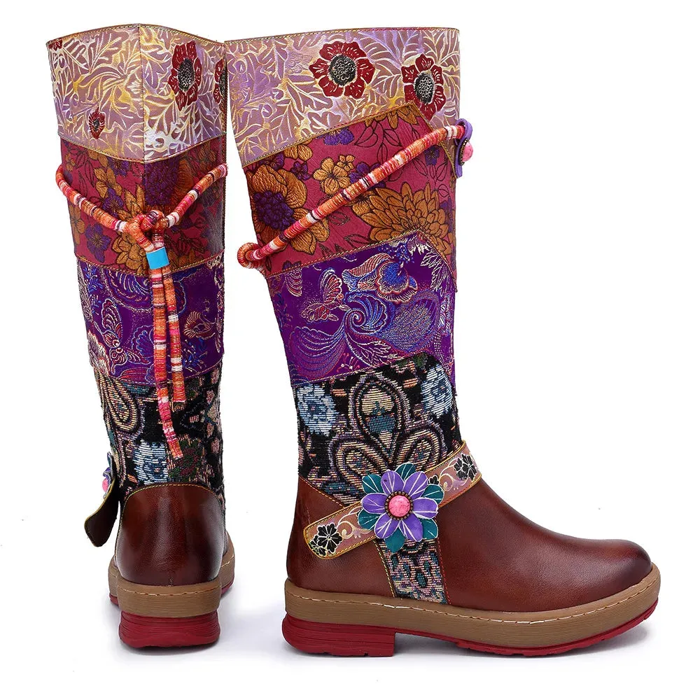 Cloth Appliques Flower Print Genuine Leather Long Boots