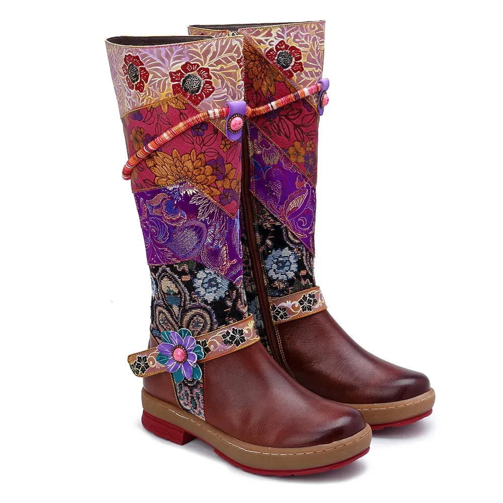 Cloth Appliques Flower Print Genuine Leather Long Boots