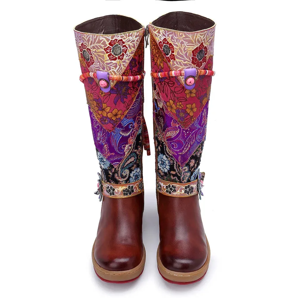 Cloth Appliques Flower Print Genuine Leather Long Boots