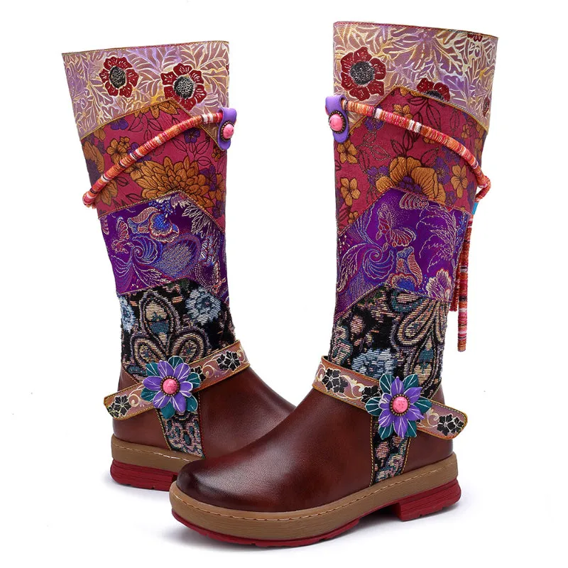 Cloth Appliques Flower Print Genuine Leather Long Boots