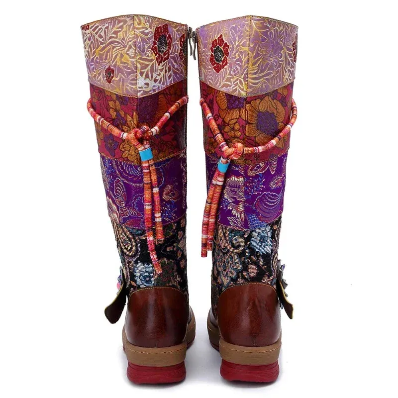 Cloth Appliques Flower Print Genuine Leather Long Boots