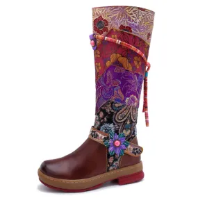 Cloth Appliques Flower Print Genuine Leather Long Boots