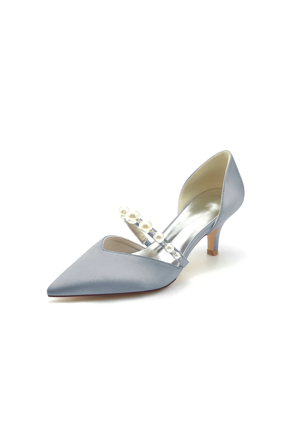 Elegant Satin Pointed Toe Heels with Pearl Strap