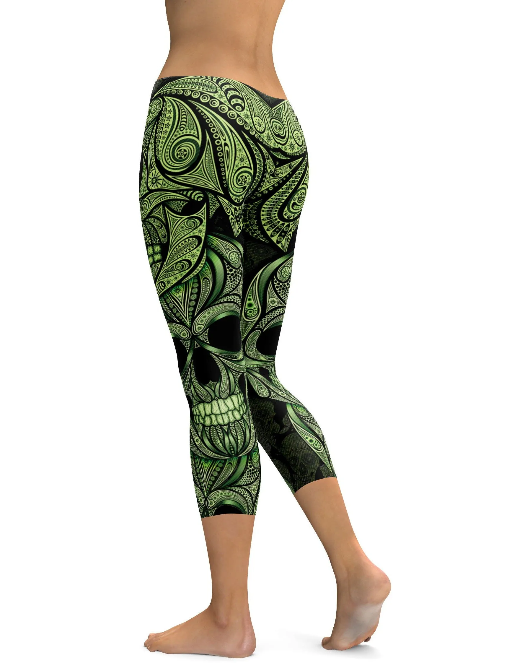 Green Ornamental Skull Capris