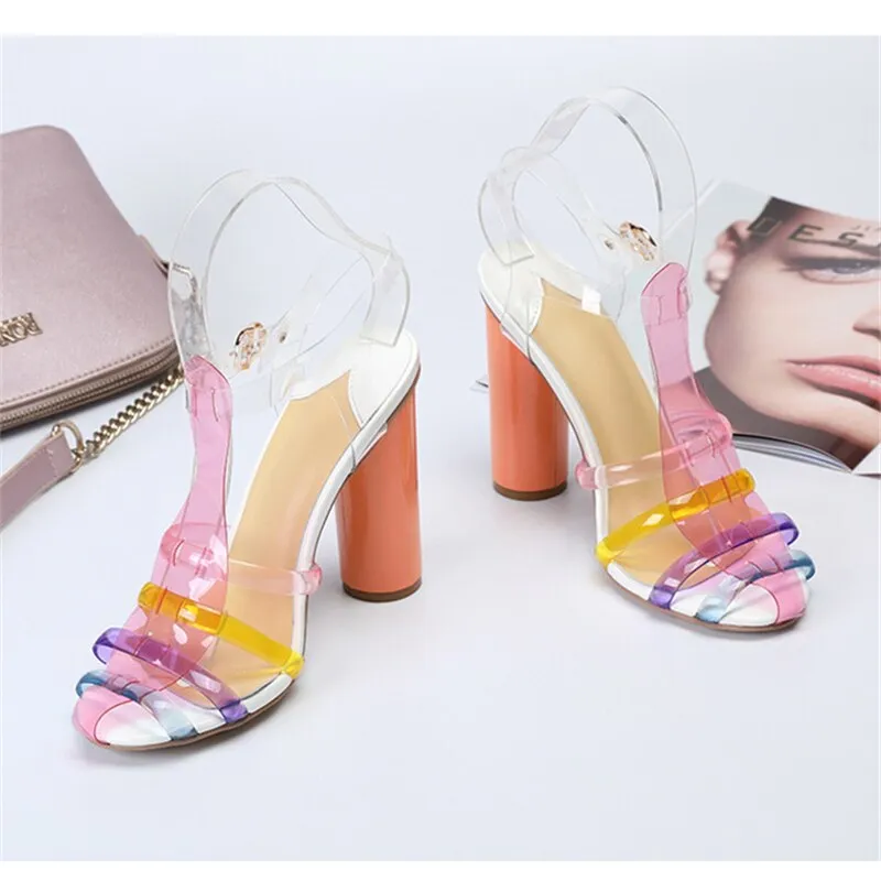 Jelly Iridescent PVC Round Heels T-Strap Cut Out Sandals