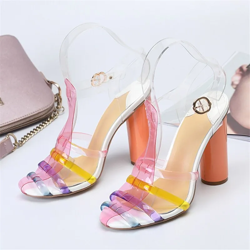 Jelly Iridescent PVC Round Heels T-Strap Cut Out Sandals