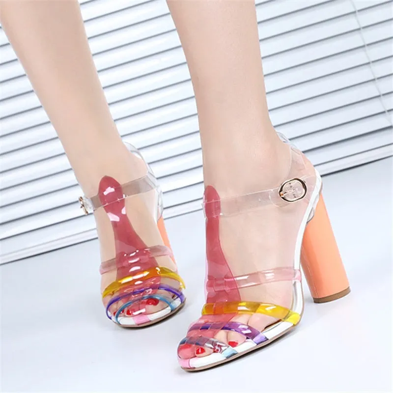 Jelly Iridescent PVC Round Heels T-Strap Cut Out Sandals