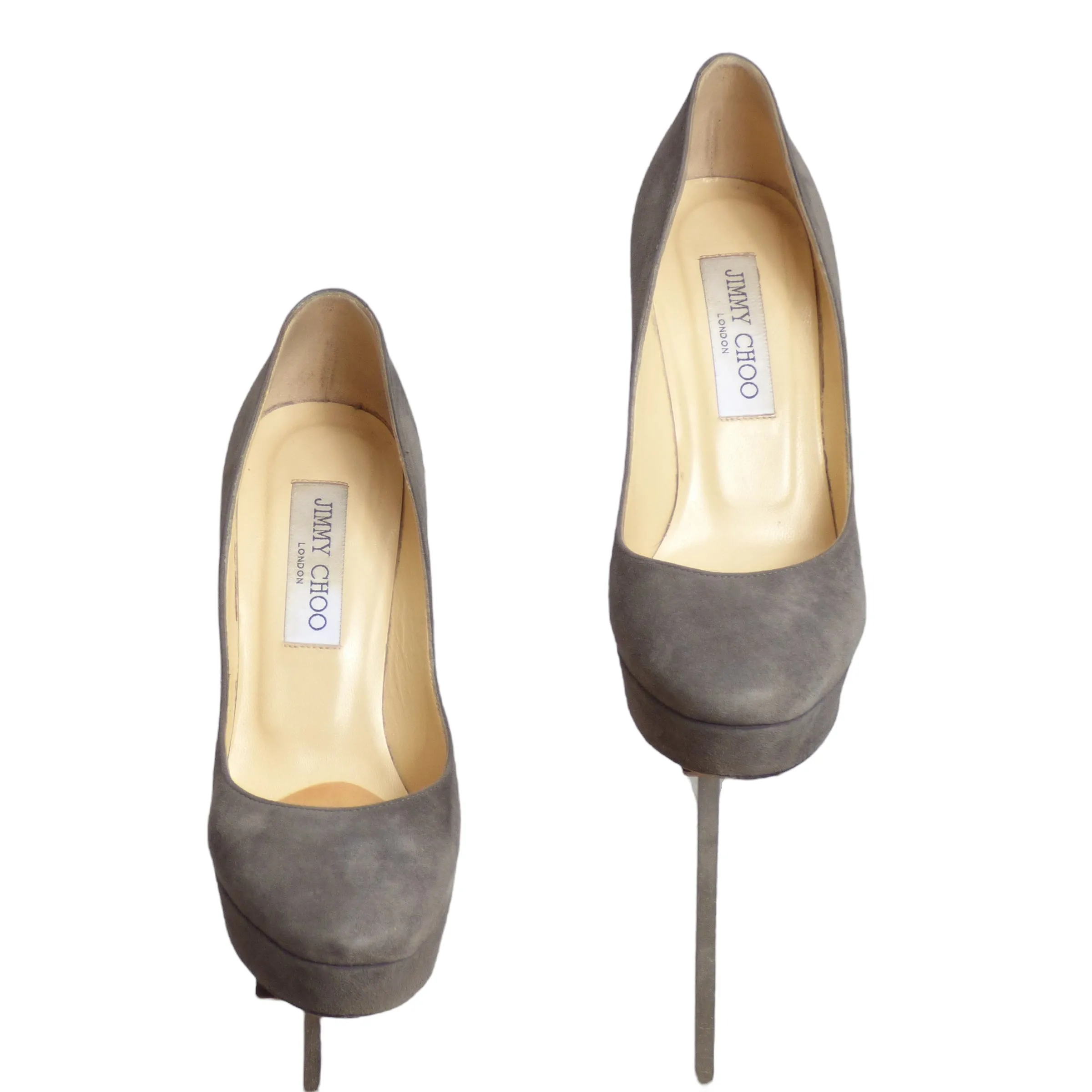 JIMMY CHOO- Gray Suede Platform Pumps, Size 36