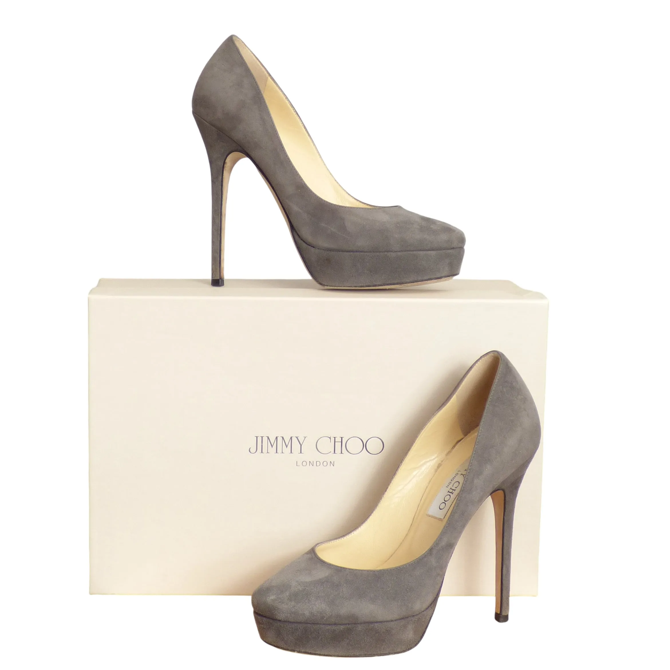 JIMMY CHOO- Gray Suede Platform Pumps, Size 36