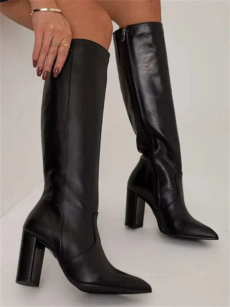 Knee-High Pointed Toe Boots – Winter Fashion Heeled Cowgirl Tall Boots