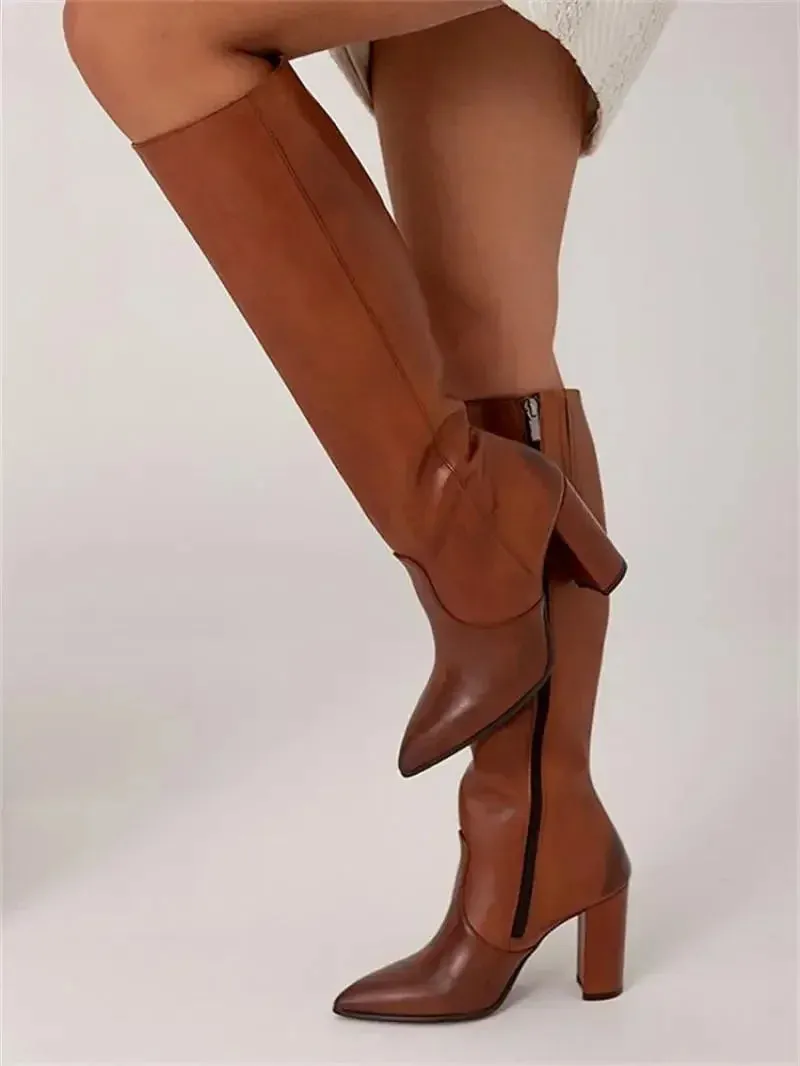 Knee-High Pointed Toe Boots – Winter Fashion Heeled Cowgirl Tall Boots