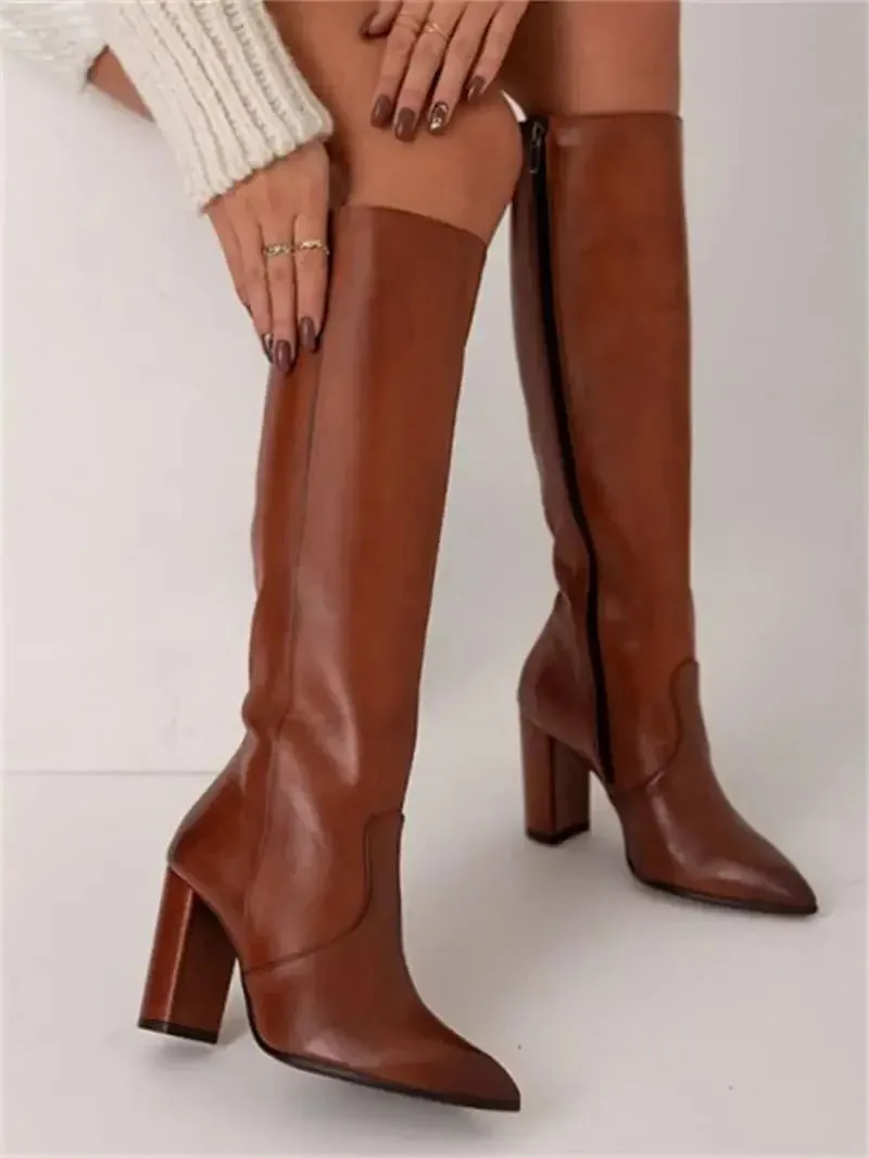 Knee-High Pointed Toe Boots – Winter Fashion Heeled Cowgirl Tall Boots