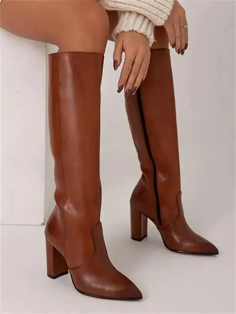 Knee-High Pointed Toe Boots – Winter Fashion Heeled Cowgirl Tall Boots