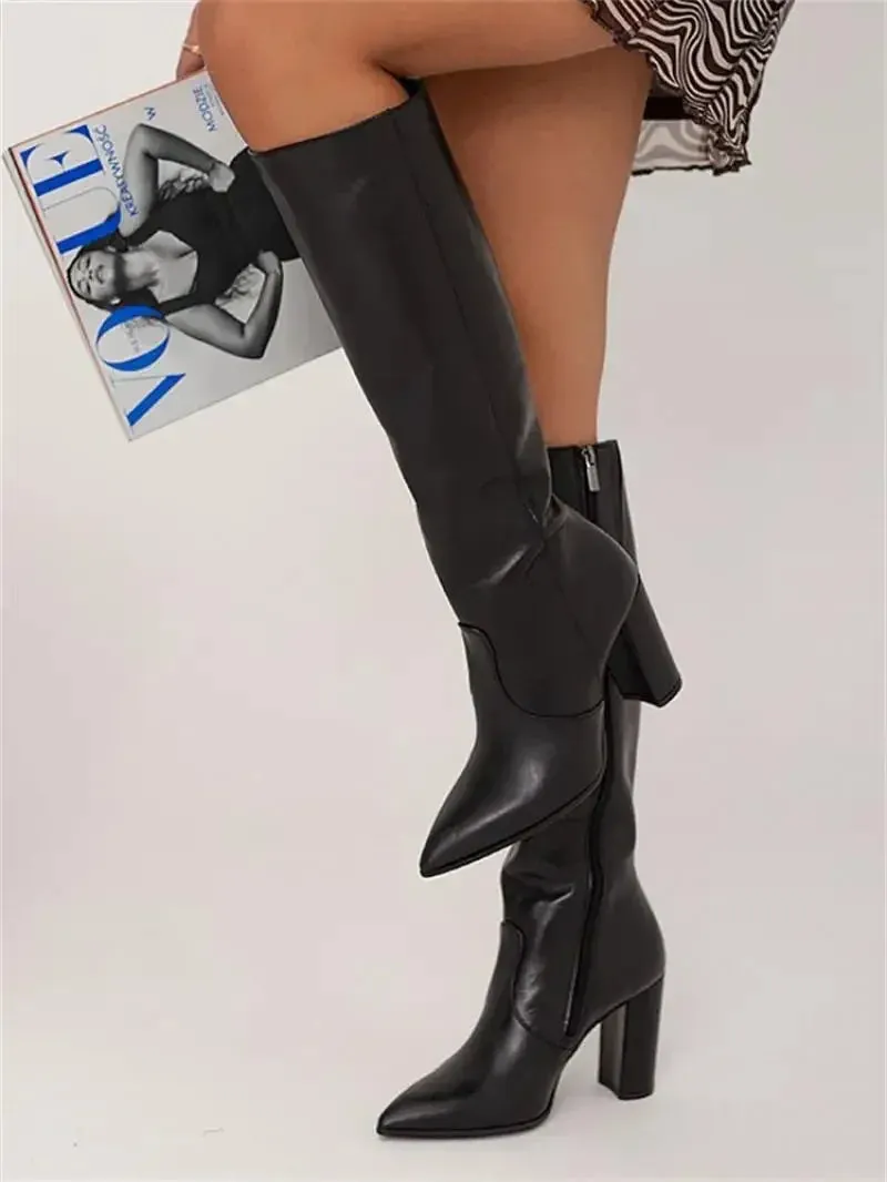 Knee-High Pointed Toe Boots – Winter Fashion Heeled Cowgirl Tall Boots