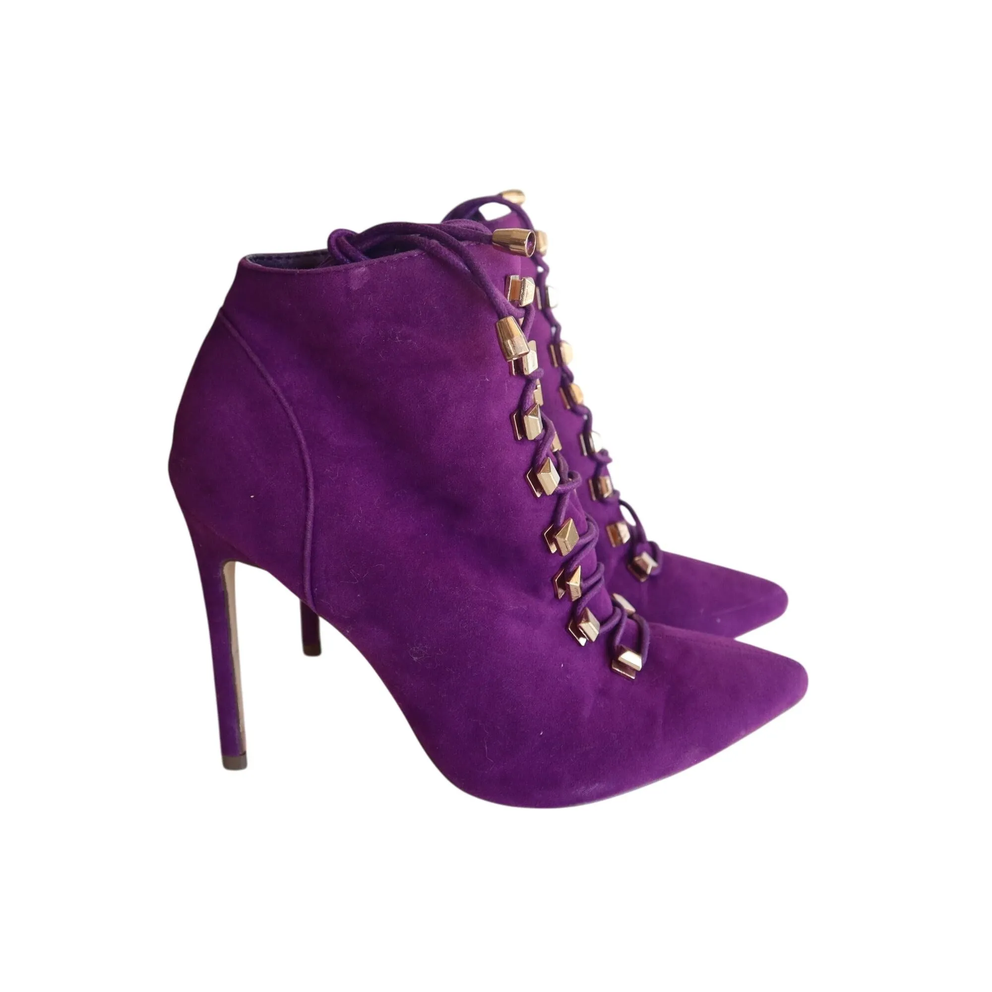 Liliana Purple Suede Stiletto Heel Ankle Boots With Gold Lace Detail Size 7