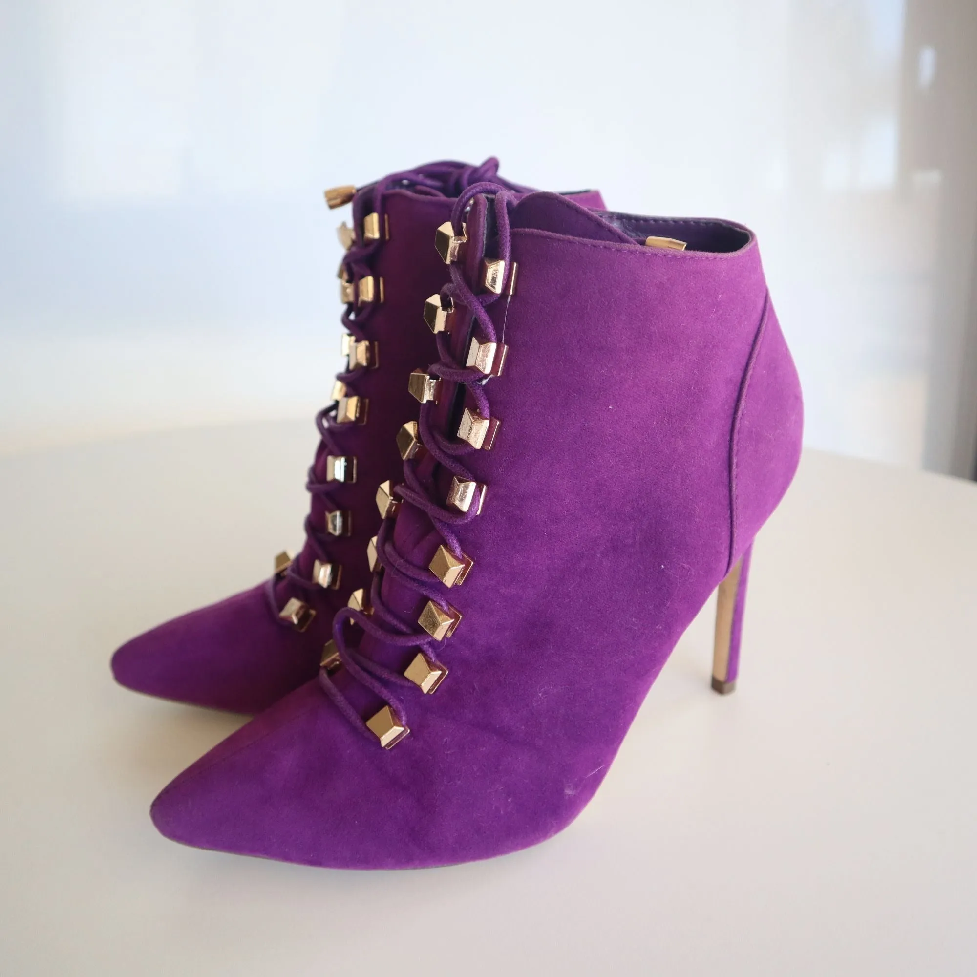 Liliana Purple Suede Stiletto Heel Ankle Boots With Gold Lace Detail Size 7