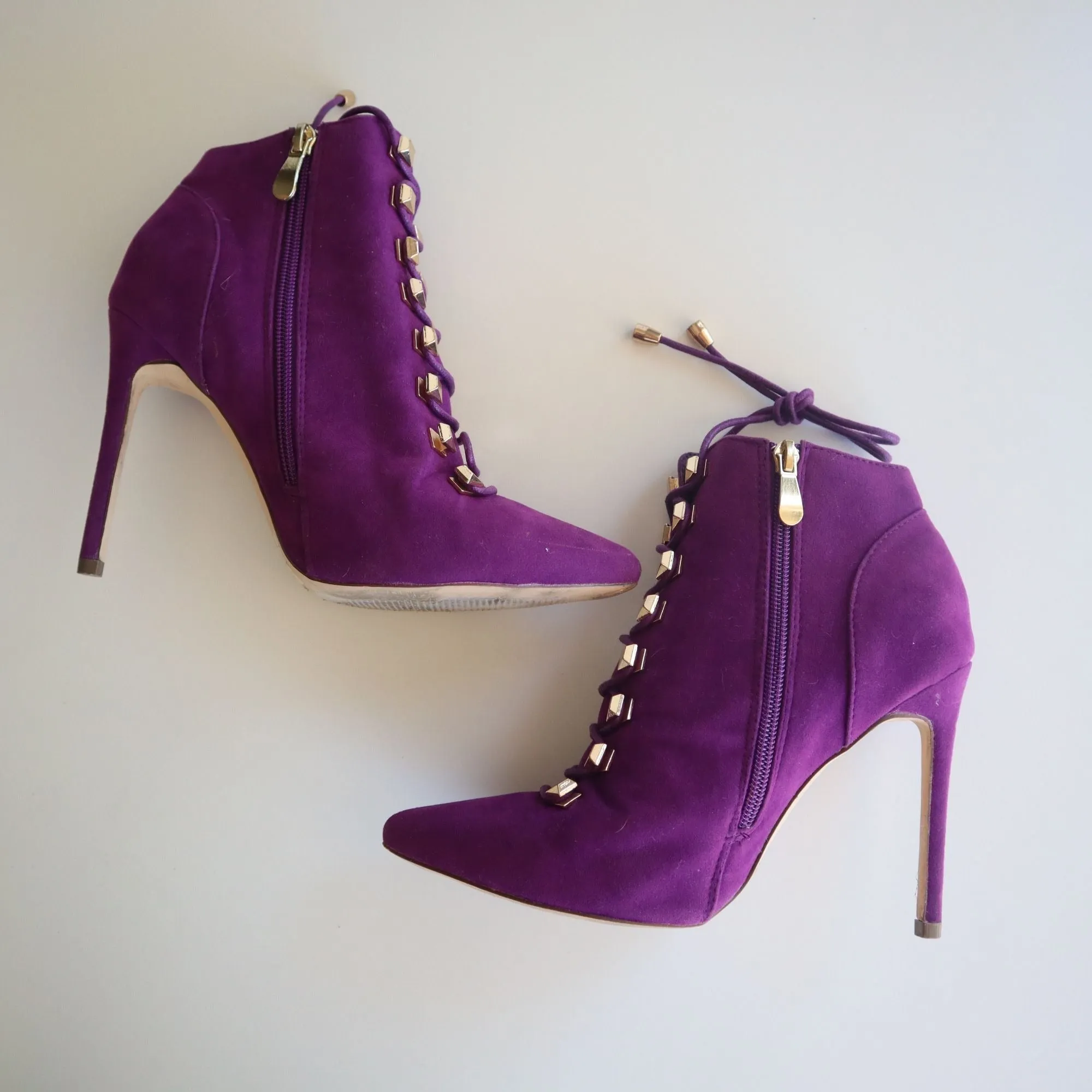 Liliana Purple Suede Stiletto Heel Ankle Boots With Gold Lace Detail Size 7