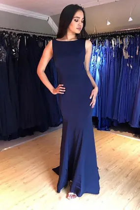 Mermaid Backless Sweep Train Dark Blue Prom LR24