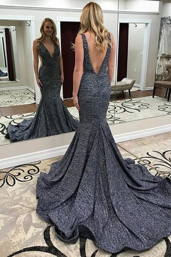 Mermaid Deep V-Neck Court Train Dark Grey Satin Backless Sleeveless Prom Dress LRA117