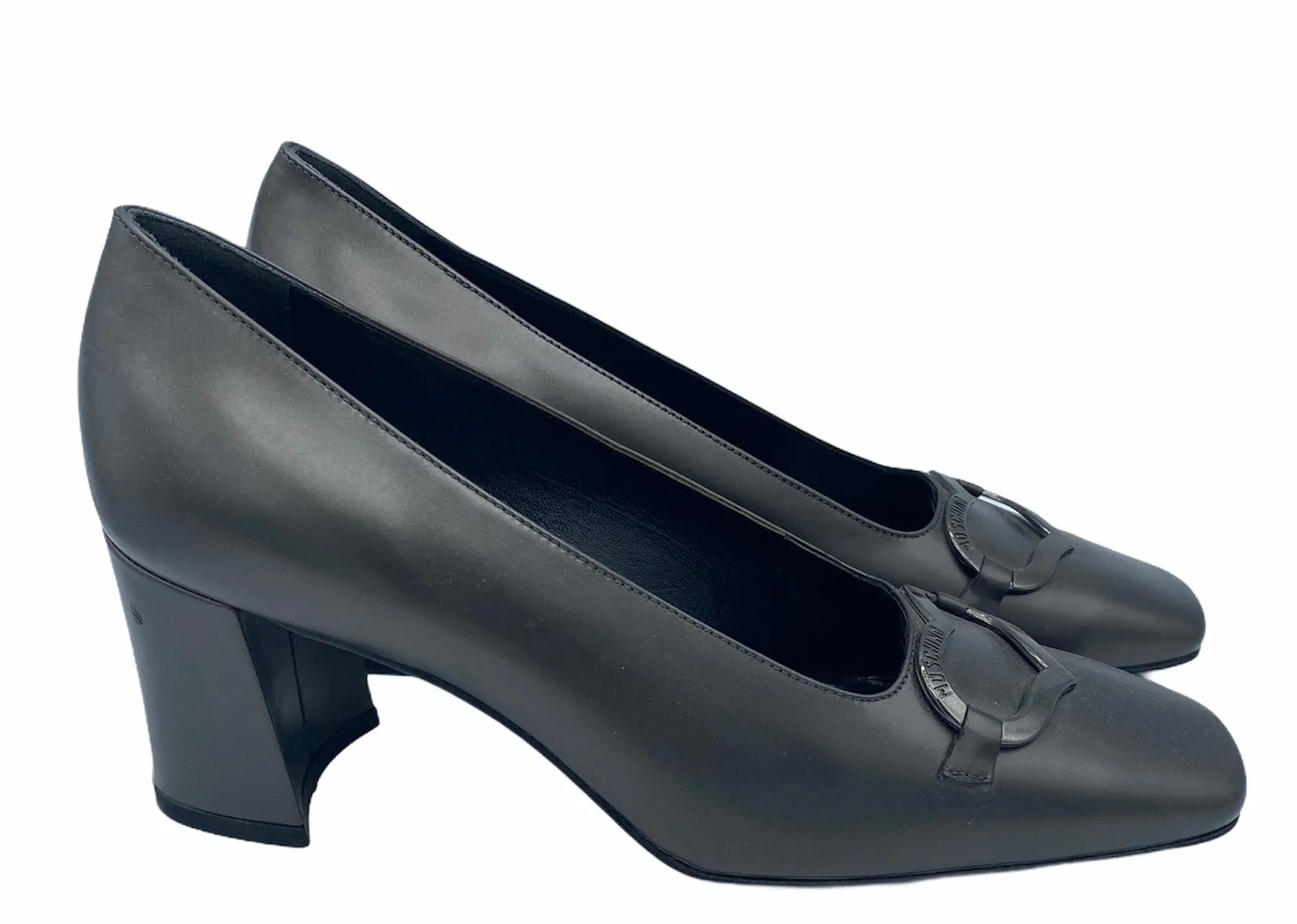 Moschino 90s Grey Pilgrim Pumps With Gun Metal Heart