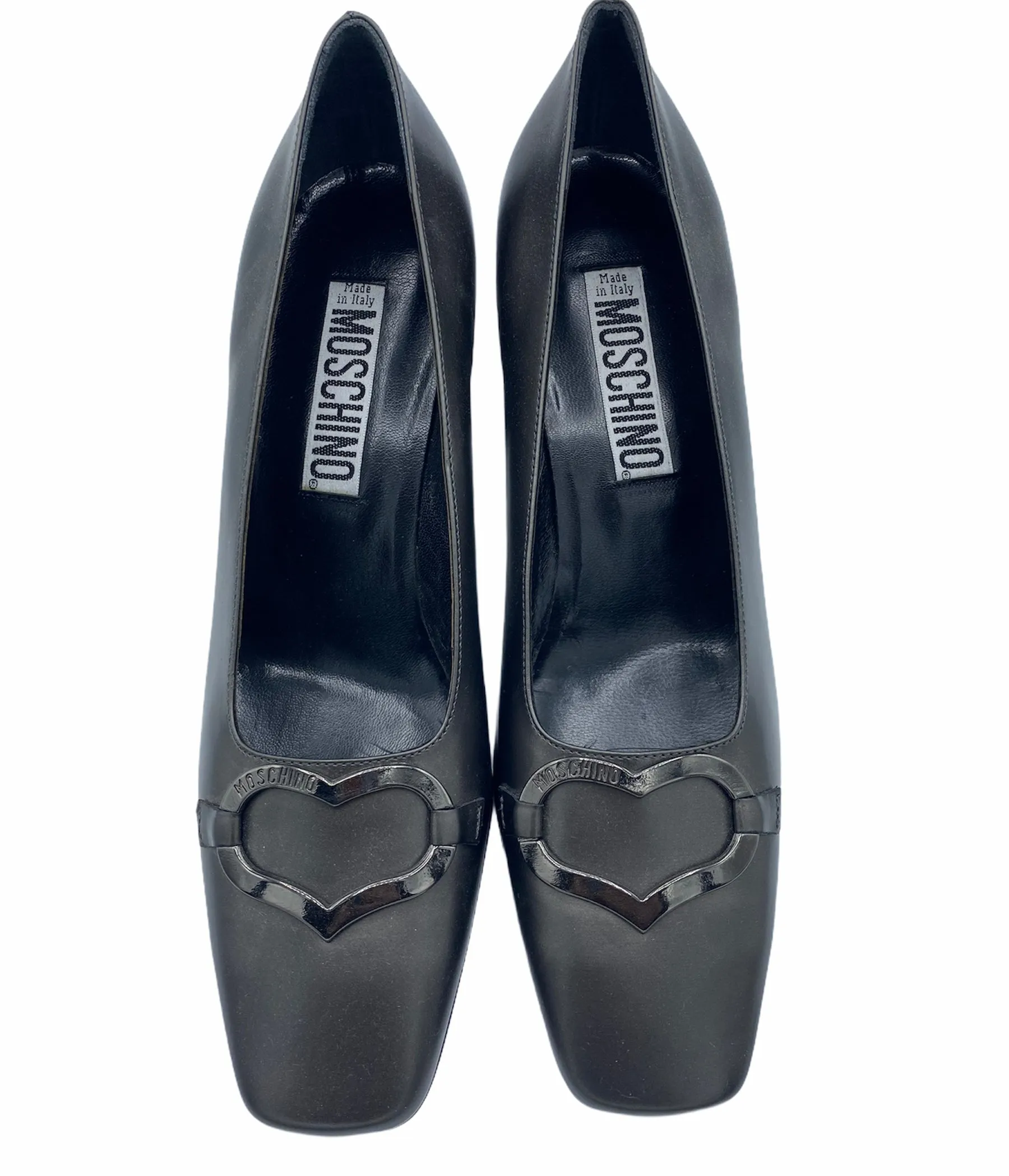 Moschino 90s Grey Pilgrim Pumps With Gun Metal Heart