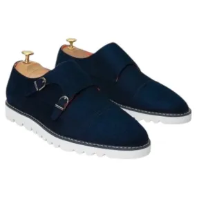 Navy Blue Men's Casual Dress Shoes Suede Double Monk Strap Oxford Sneaker Style-The Freshman