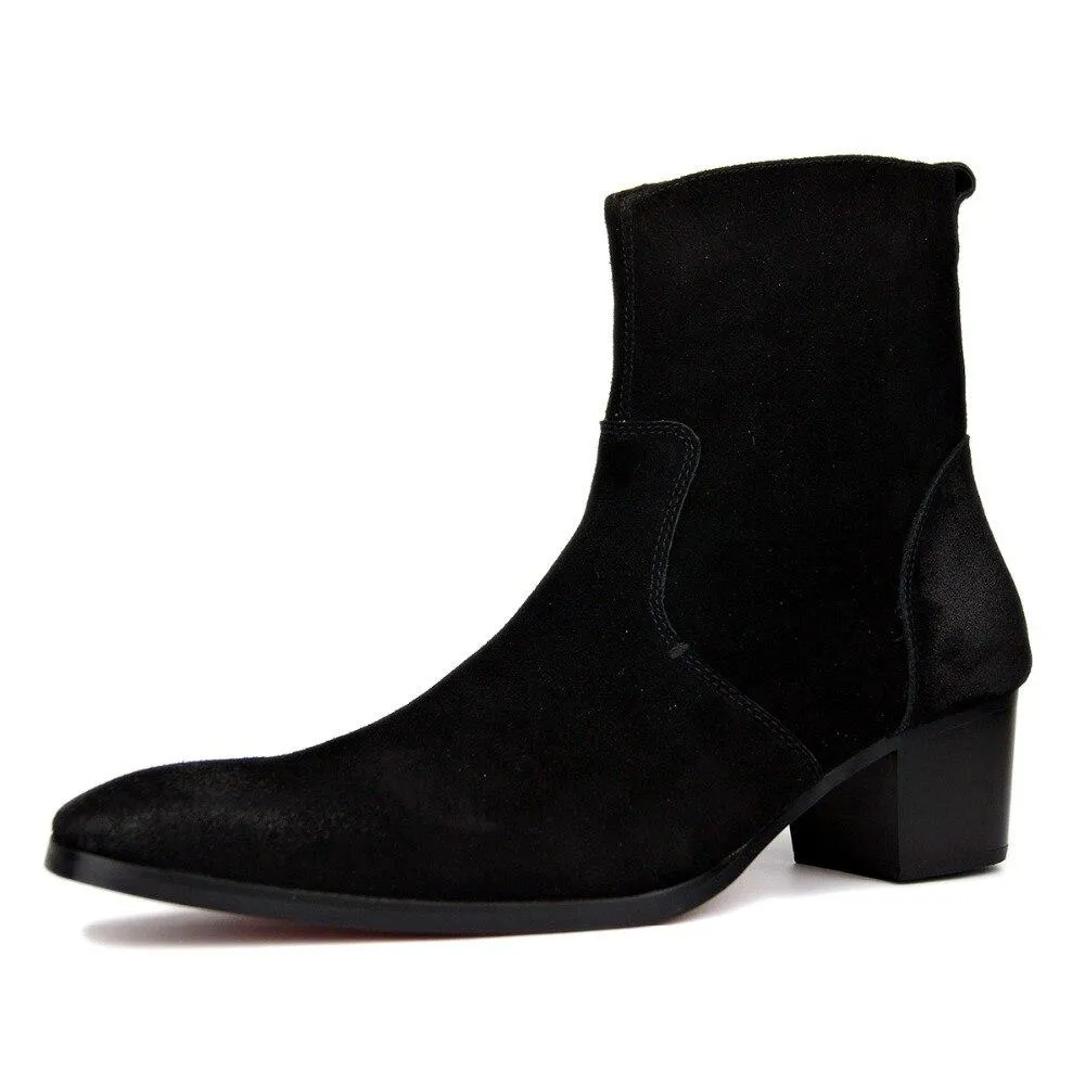 OSSTONE Suede High Heel Chelsea Boots For Men JY002-BLACKSUEDE