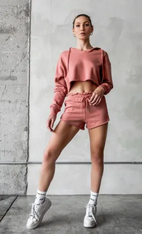 Pink Raw Edges Cropped Hoodie and Bottom Sets