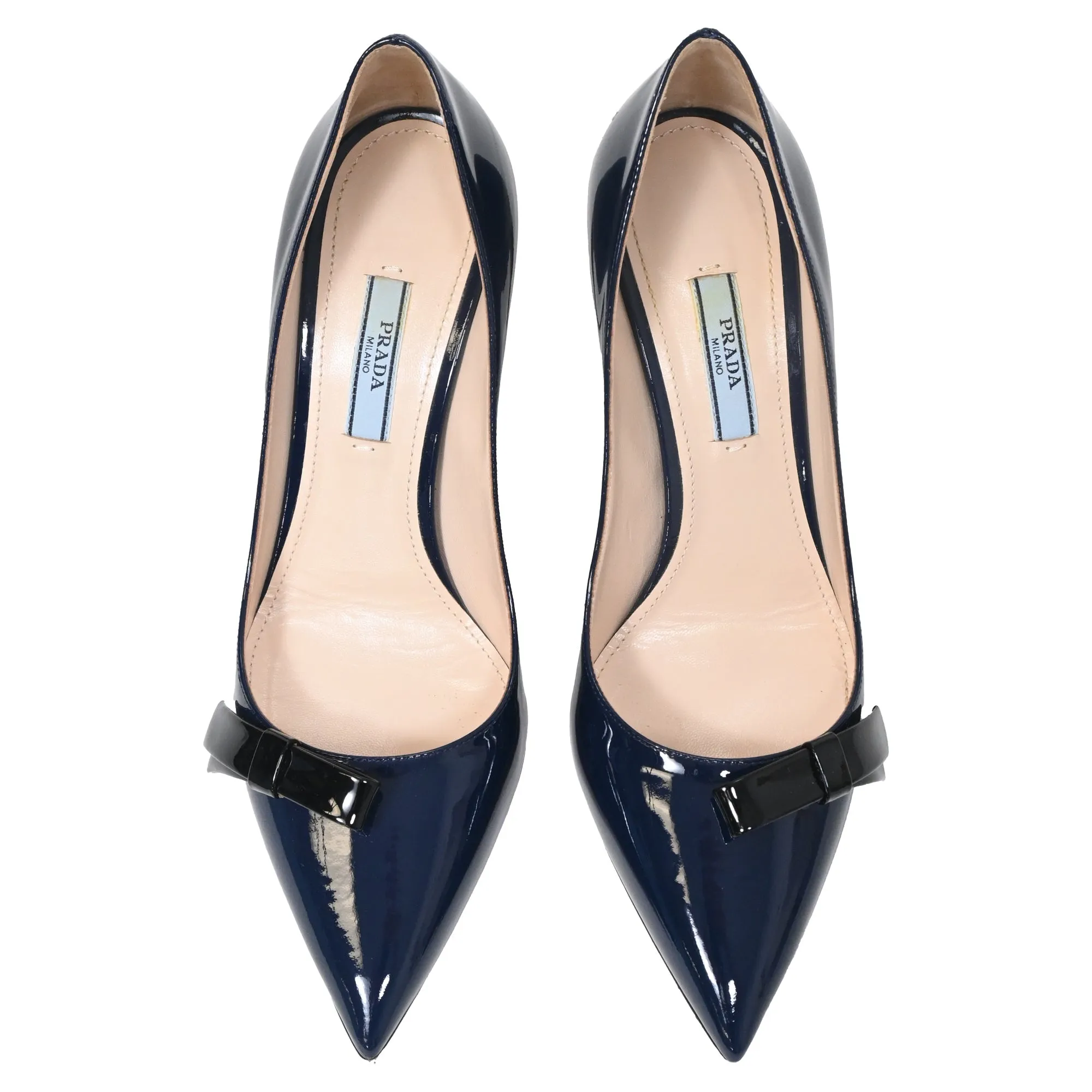 Prada Bow Detail Pointed Pumps in Navy Blue Patent Leather