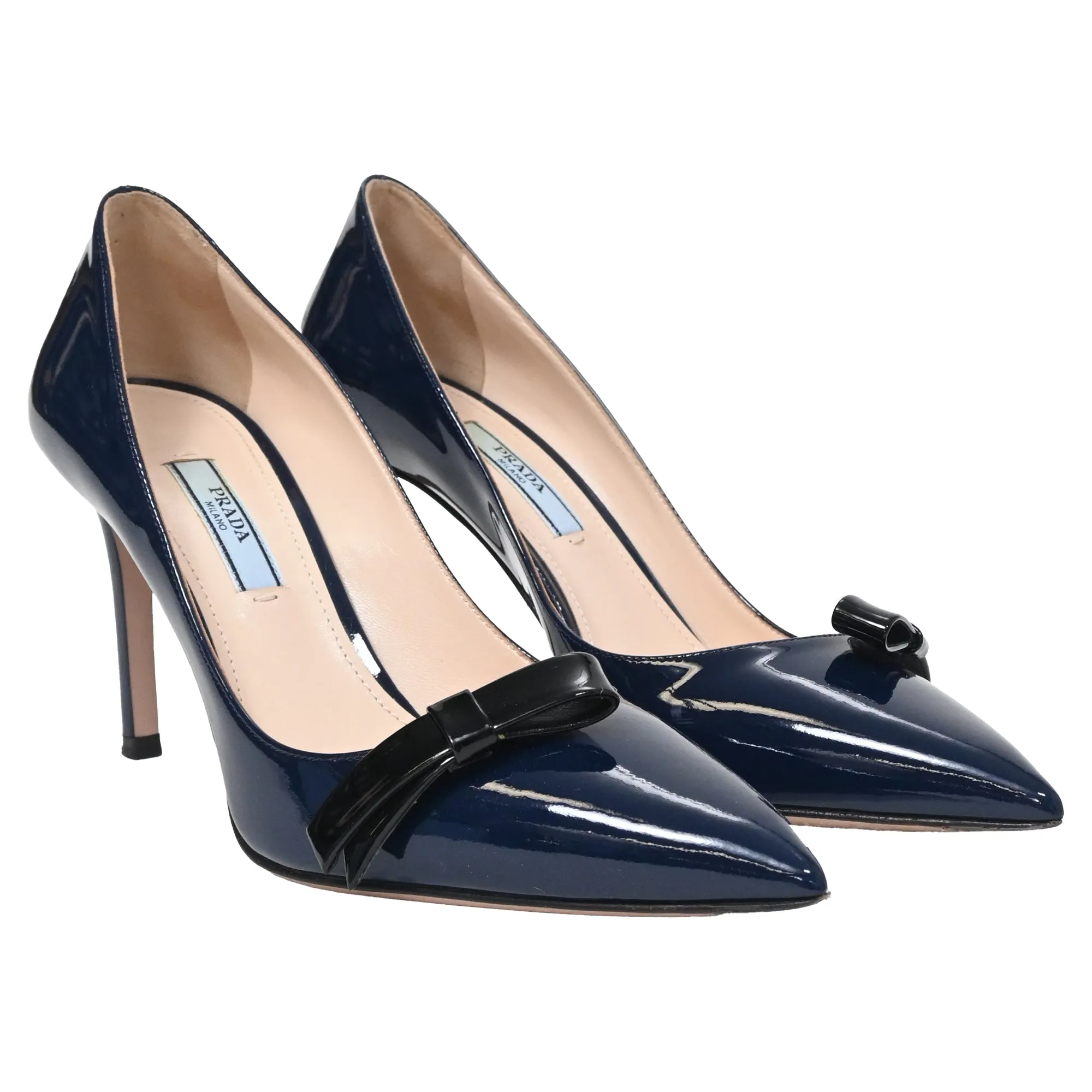 Prada Bow Detail Pointed Pumps in Navy Blue Patent Leather