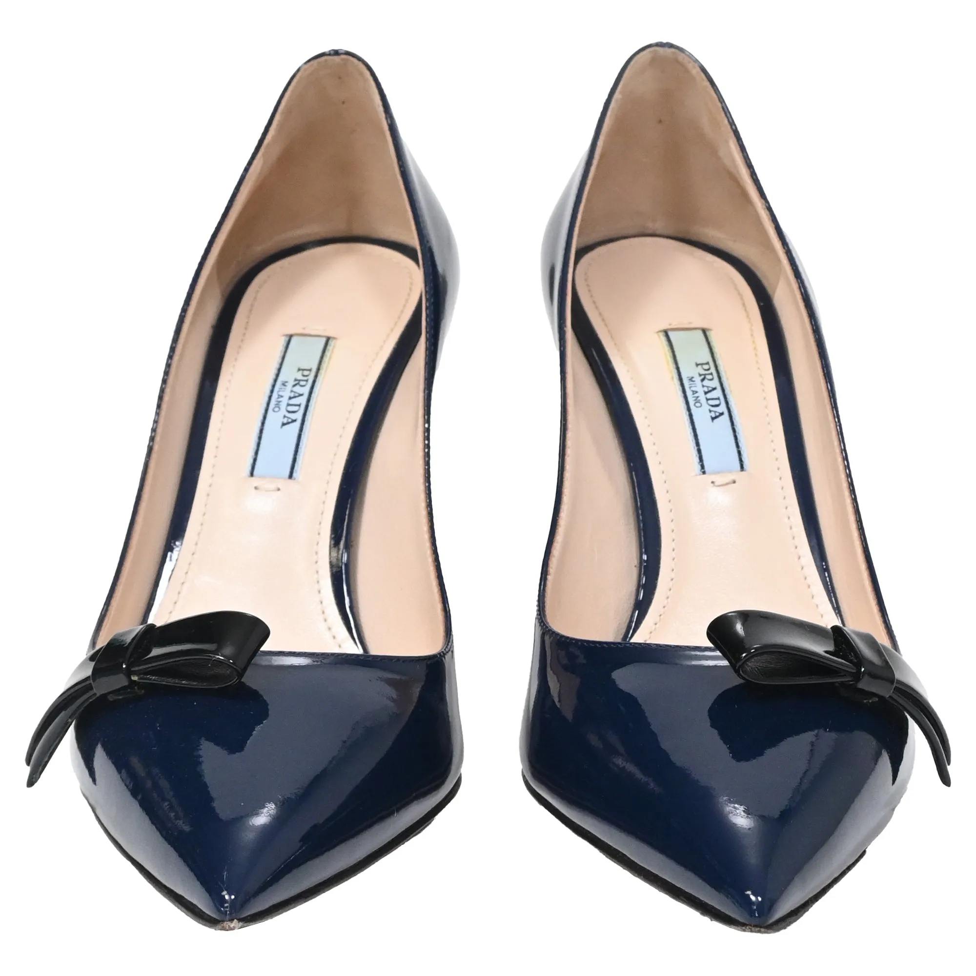 Prada Bow Detail Pointed Pumps in Navy Blue Patent Leather