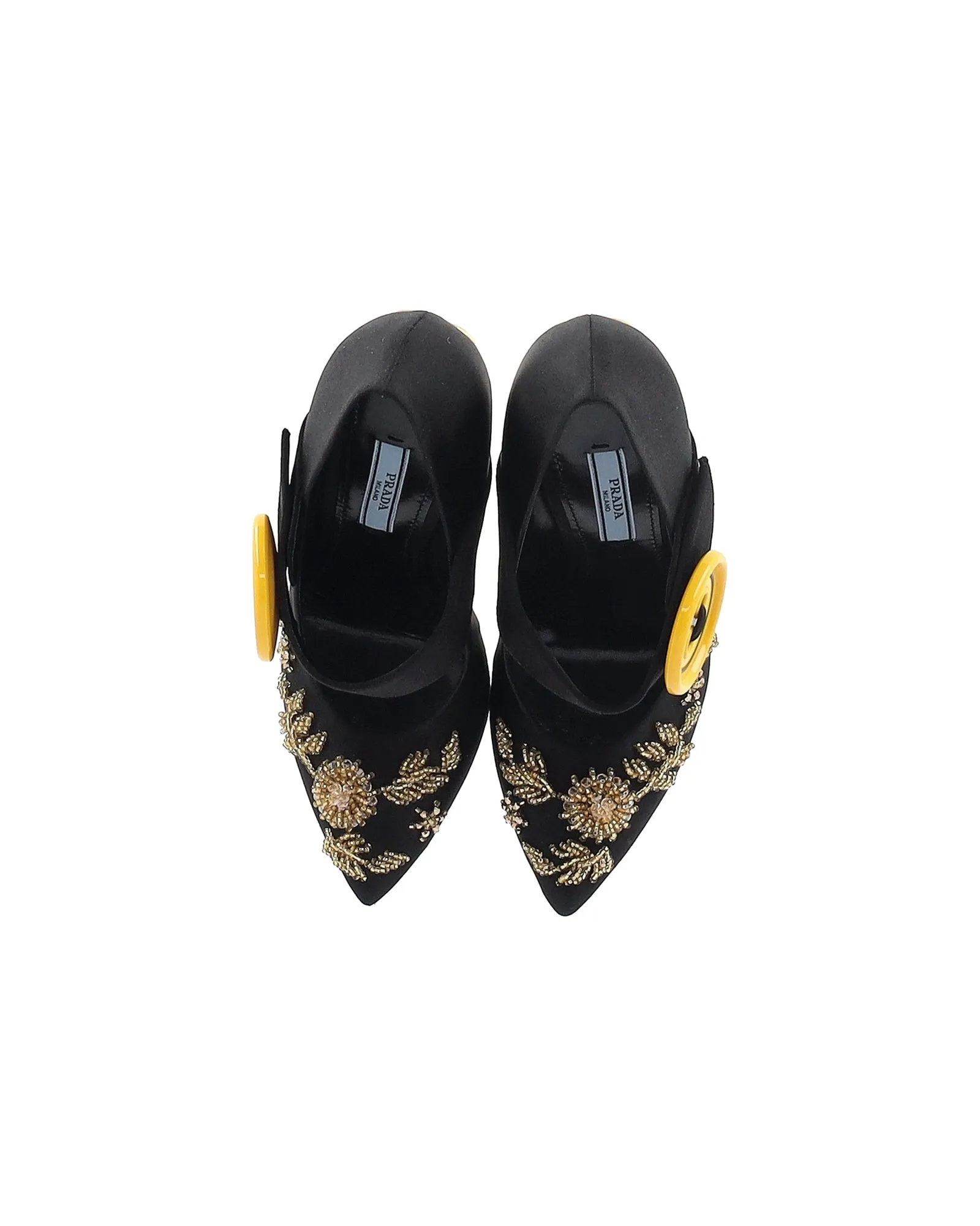 Prada Embellished Gold And Crystal Heel Pumps in Black Satin