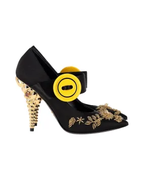 Prada Embellished Gold And Crystal Heel Pumps in Black Satin