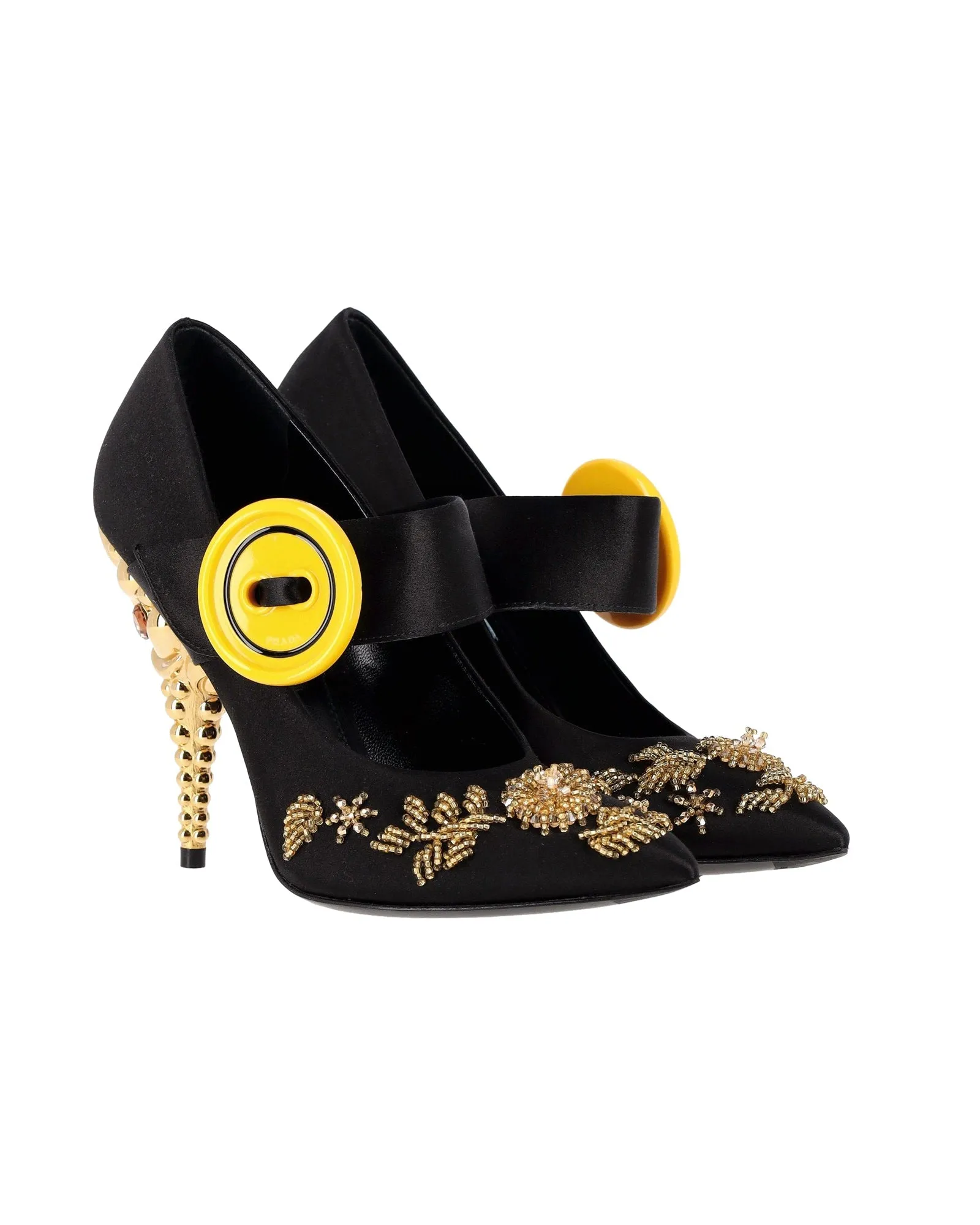 Prada Embellished Gold And Crystal Heel Pumps in Black Satin