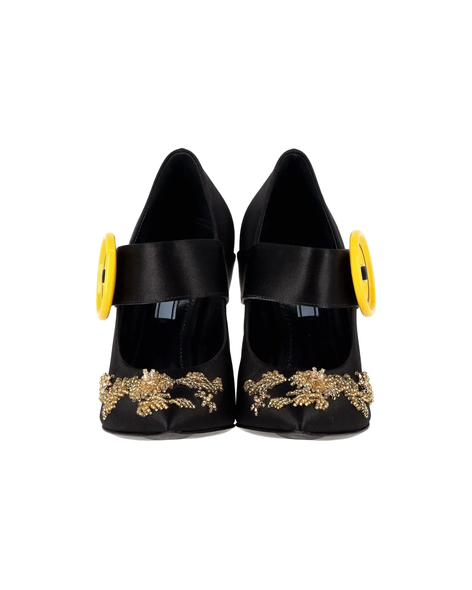 Prada Embellished Gold And Crystal Heel Pumps in Black Satin