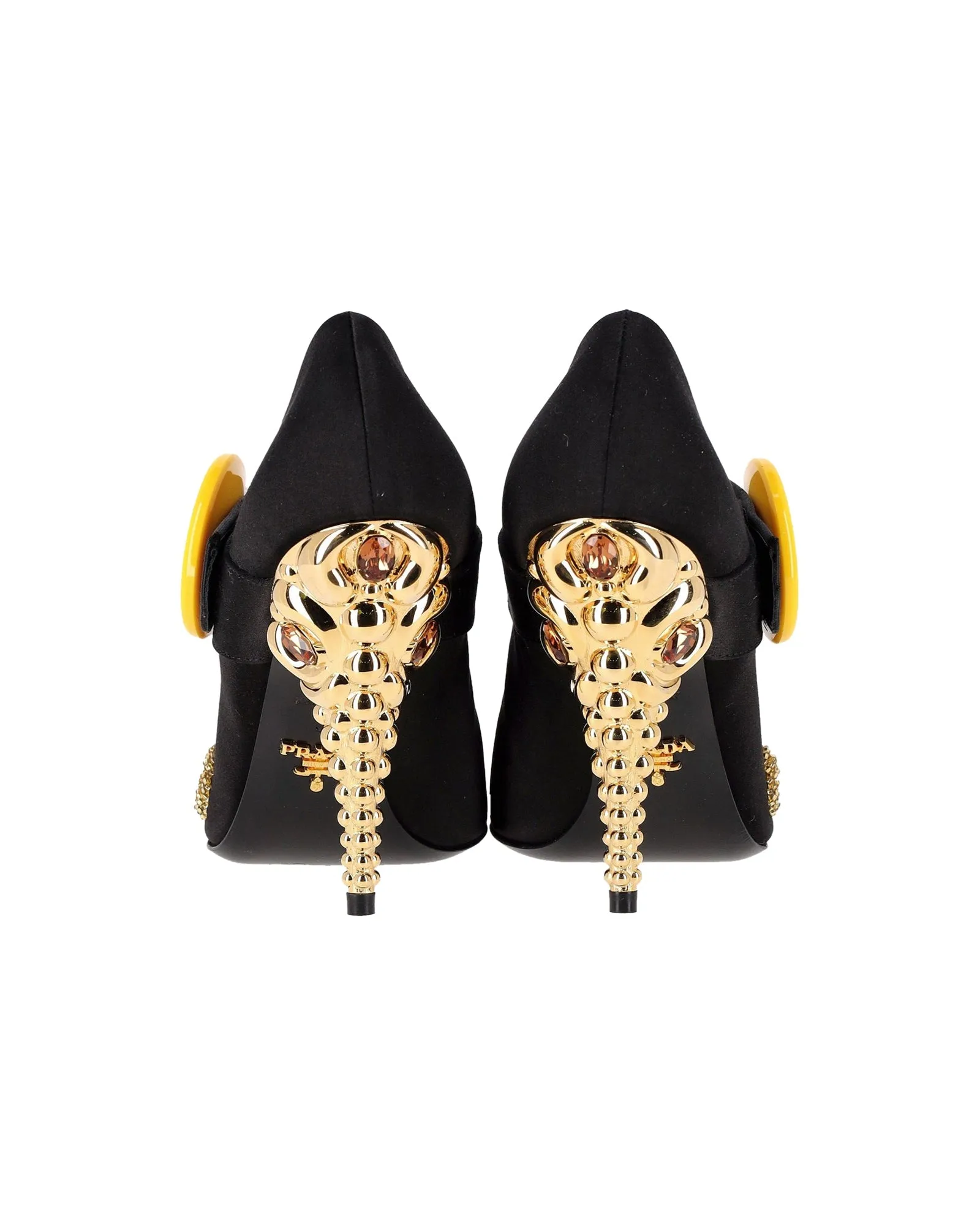 Prada Embellished Gold And Crystal Heel Pumps in Black Satin